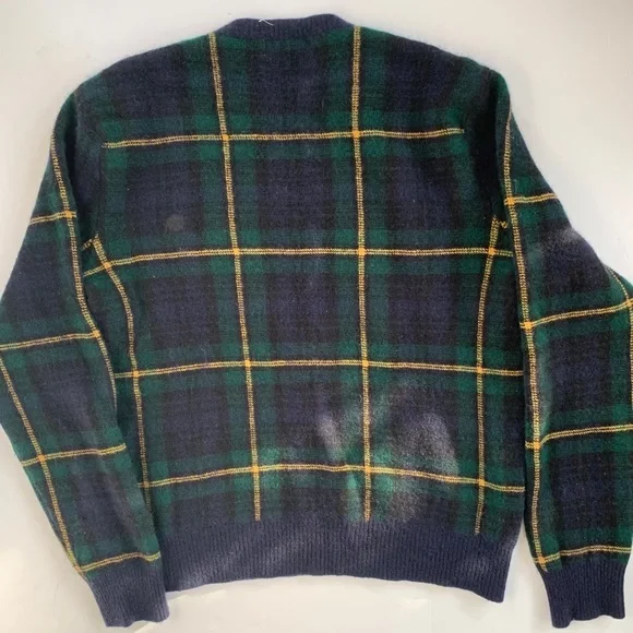 Polo Ralph Lauren Lambs Wool Leather Patch Blue Watch Tartan Sweater Size Medium - Picture 3 of 4